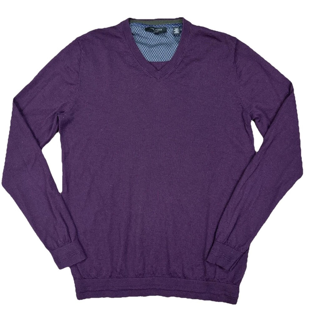 Ted Baker Sweater Mens Size 3 Medium Purple Wool Silk Cashmere Pullover Vneck